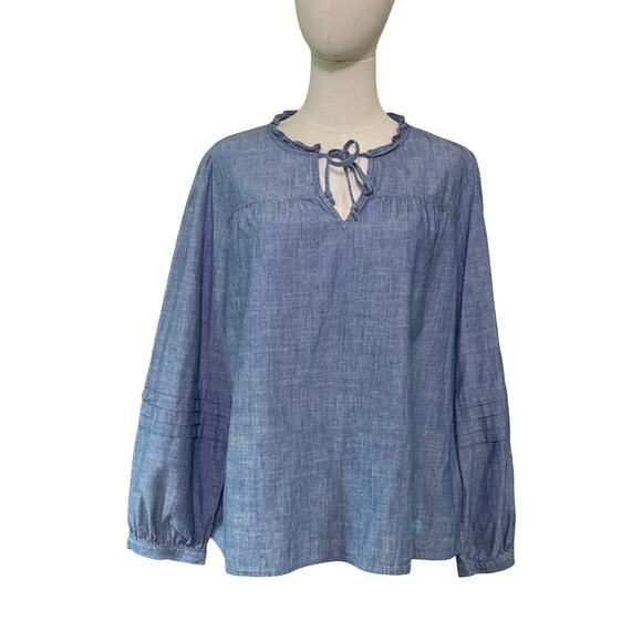 J.Crew Factory Chambray Peasant Blouse Blue Cotton Top XL Reimagined Line - Picture 3 of 9